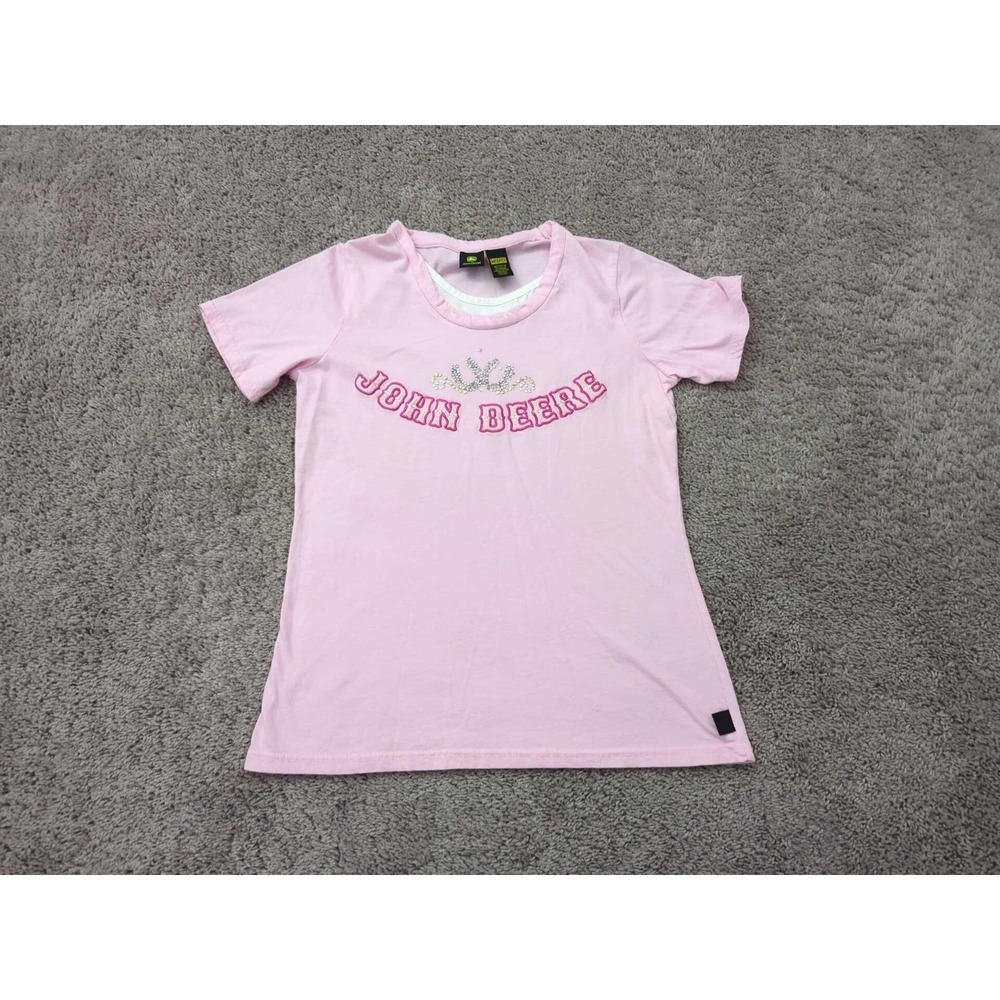 John Deere T Shirt Womens Medium Pink Rhinestone Crew Neck Short Sleeve